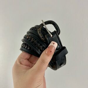 Vintage Unisex Black Leather Western Country Braided Whipstitch Band Skinny Belt